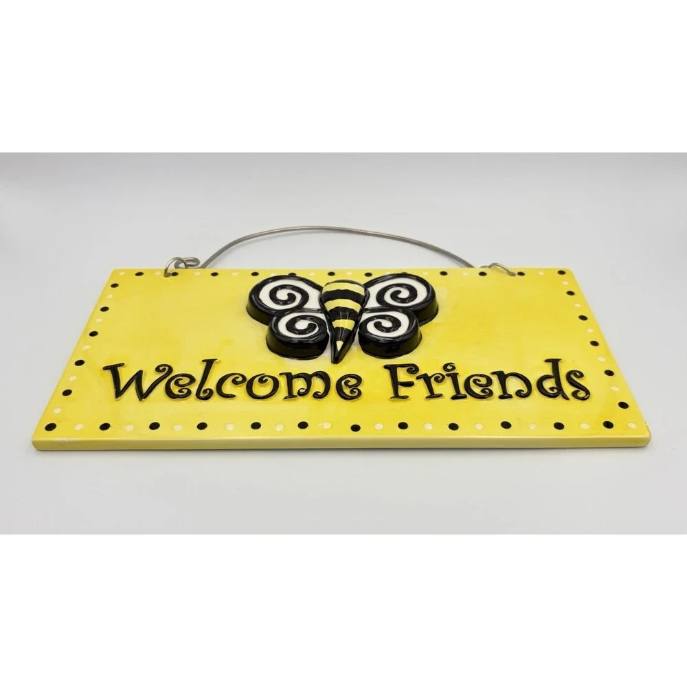 MSC 3D Bee Welcome Friends Sign Ceramic Wall Plaque Yellow Black Home Decor